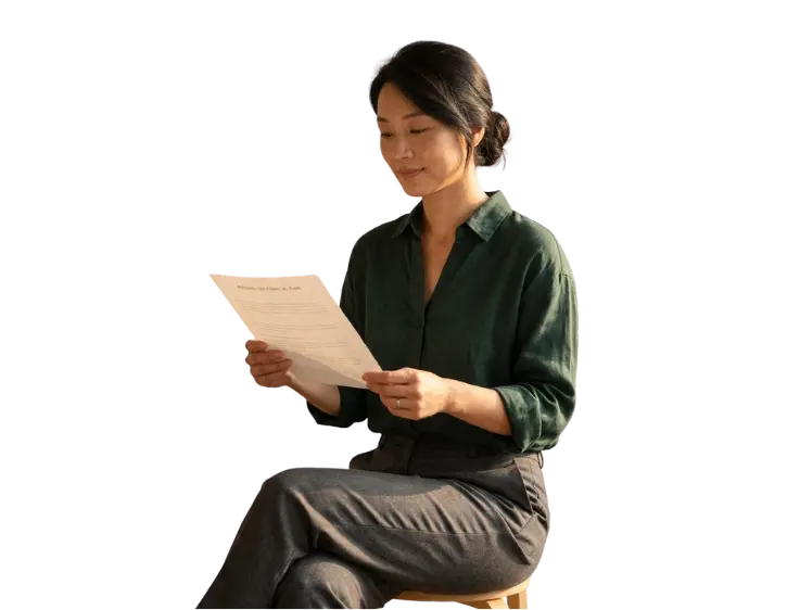 A woman seated calmly, reading her personalised financial plan