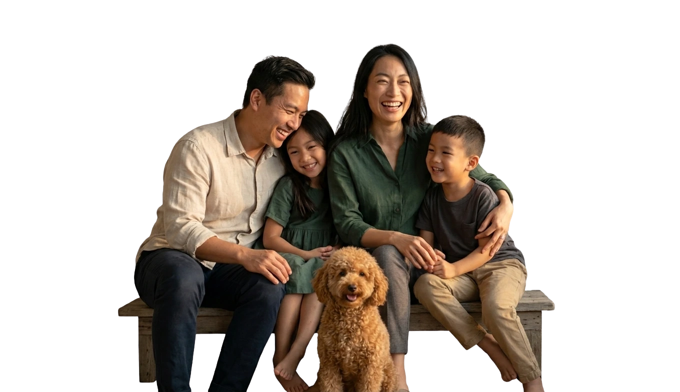 The same woman laughing with her family and dog, relaxed and enjoying life