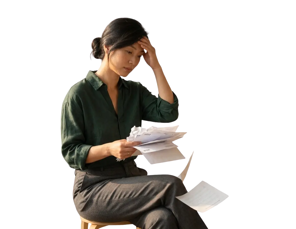 An overwhelmed woman seated, hand to her forehead, holding a messy stack of bills and papers