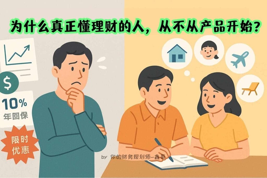 对比以产品为导向与以目标为导向的理财方式的横幅插画