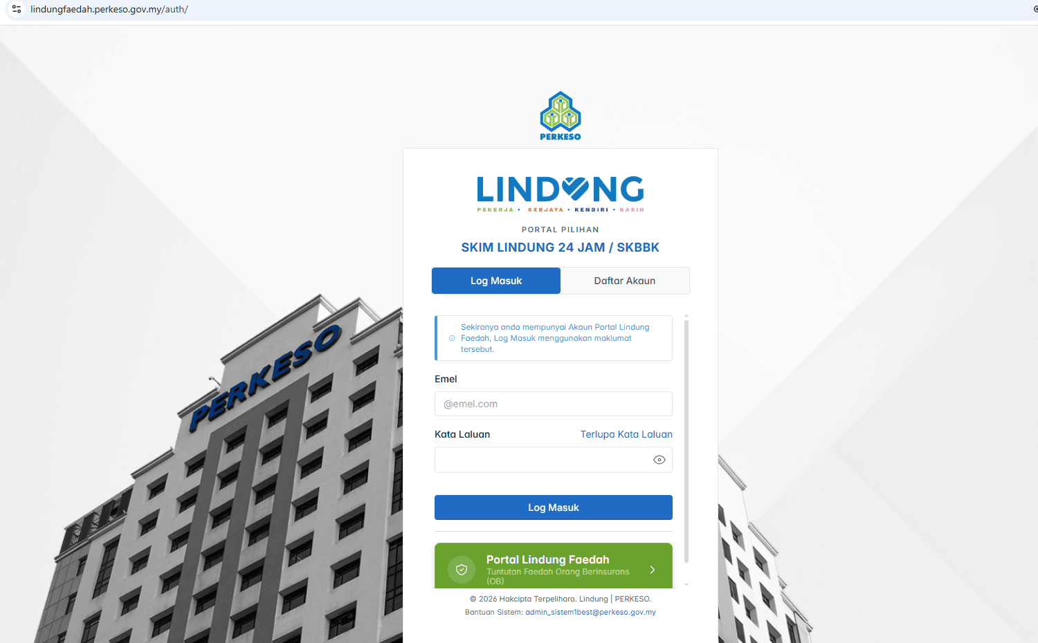 PERKESO LINDUNG Faedah portal login and account-registration options