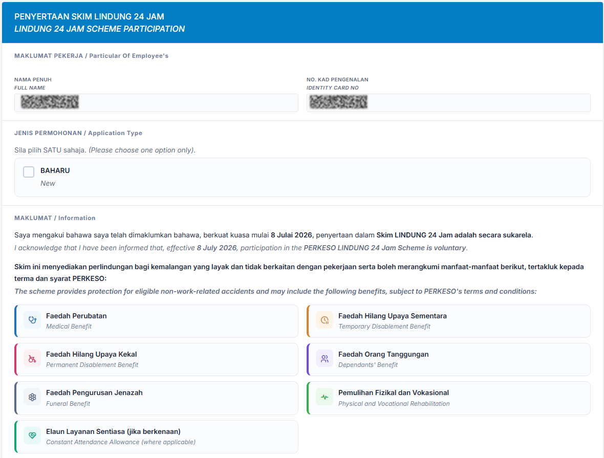 BAHARU application type and LINDUNG 24 Jam scheme information