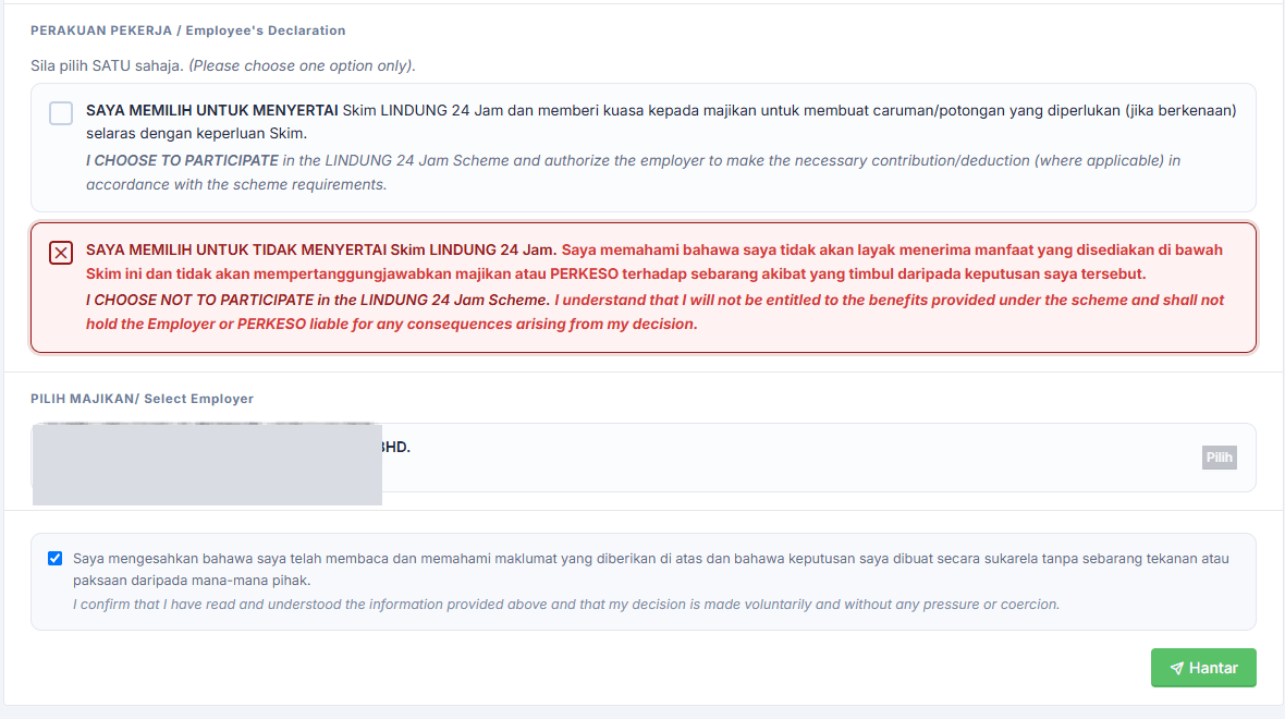 Opt-out declaration, employer selection, voluntary-decision declaration and Hantar button