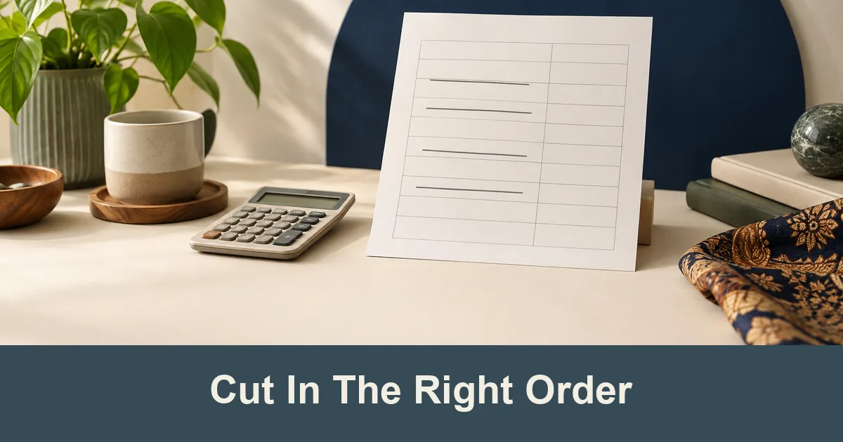 A simple household budget list shape as a paper cutout with some rows visibly crossed out using a plain line, no real text, no logos visible.