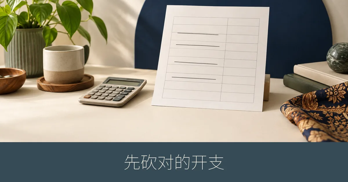 一张简单的家庭预算清单纸,其中几行用一条直线划掉,没有真实文字,也没有标志。